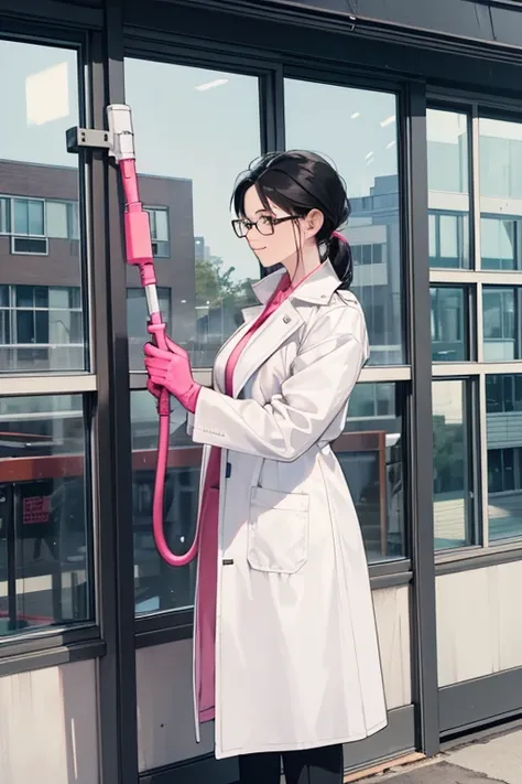 A mature woman with black hair and glasses wearing a white coat and pink rubber gloves washing the windows of a school building with a hose