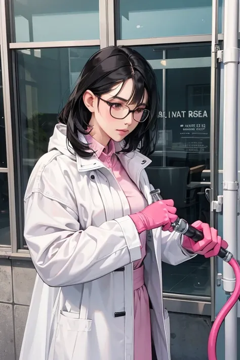 A mature woman with black hair and glasses wearing a white coat and pink rubber gloves washing the windows of a school building with a hose