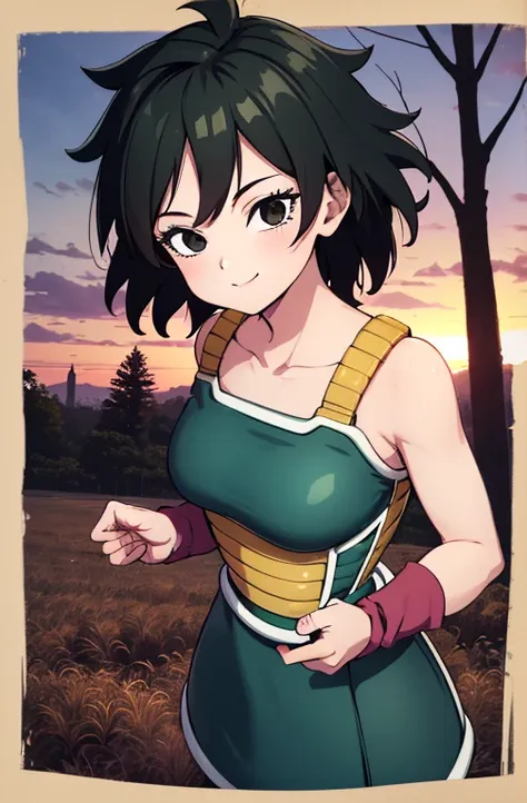 masterpiece, best quality, gine, saiyan armor, collarbone, green skirt, wristband, black pantyhose, upper body, smile, looking a...