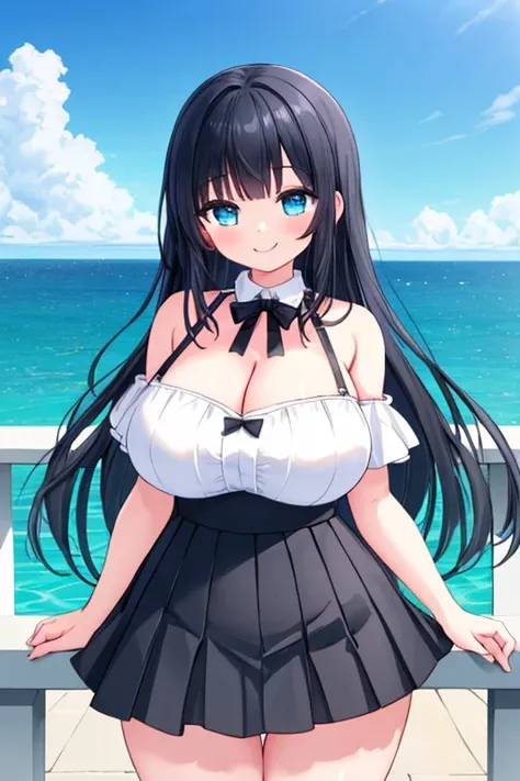 ((best quality)), ((masterpiece)), (detailed), perfect face, 
A Cute Girl, Long Black hair, Beautiful Blue eyes, Extremely Enormous Breasts, very wide hips, very large thighs, and is very short. Wearing a (Mild Cleavage, off-shoulders, Cute short White Dre...