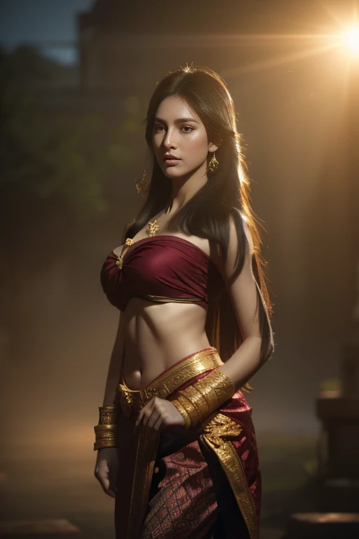 beautiful girl ,thai women&#39;s warriors, walking at thai measure, dynamic poses, thai chut set, strapless shirt, long hair,bla...