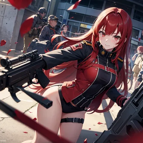 anime girl 1, soldier, high school girl, red hair, conjunctivitis, girl&#39;s front line, Ecchi, leader, Hold the gun., Blood is splattered