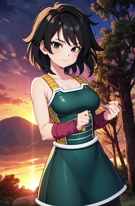 masterpiece, best quality, gine, saiyan armor, collarbone, green skirt, wristband, black pantyhose, upper body, smile, looking a...