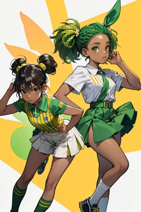 Her hair is pulled up into two afro puffs on either side of her head.

Her Poppy Rangers outfit consists of a light-moss green short-sleeve shirt, overlaid with a yellow bandana around the collar with a single olive stripe across the middle. As well, this ...