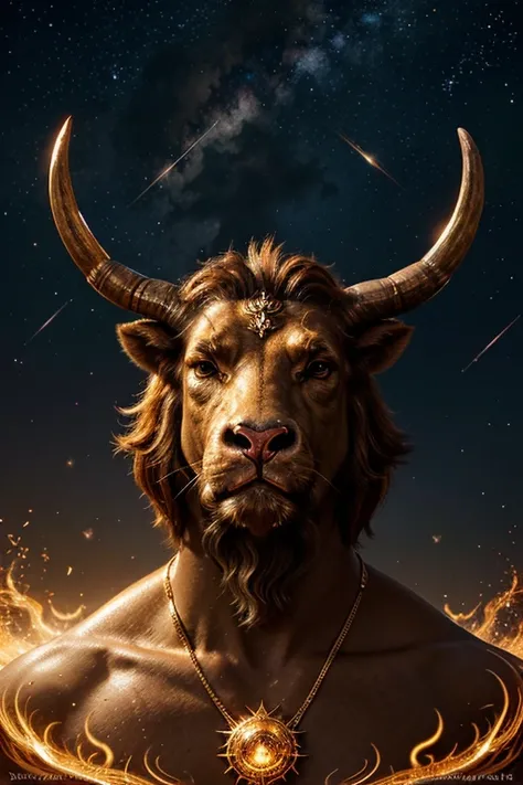 zodiac signs of Taurus with glowing spirals and stars in the background,Fiery Bull Taurus,zodiac signs, golden horn, Highly detailed digital art, Extremely detailed digital art, geometry and astrology, Very detailed creatures, Very detailed illustrations.”...