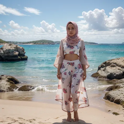 A young woman is standing near the sea, the woman is wearing loose, cream-colored clothes and a pink hijab with a floral motif. The background of the image is a beach with clear blue sea water, rocks and white sand. Green mountains spread out in the backgr...