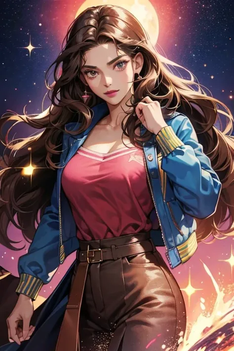 Rebecca has long, wavy brown hair and dark skin. Shes seen wearing a blue jacket with a red undershirt. She also wears pink lipstick. SPARKLE; GLITTER