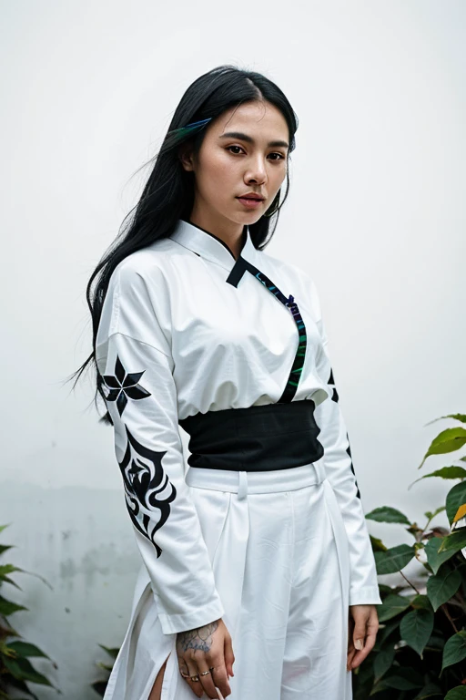 wuxia,vector art,1ebony woman with tattoos,black hair,white clothes,super colorful,luminous colorization,sharp, cinematic,dof,35mm,pintura luminosa