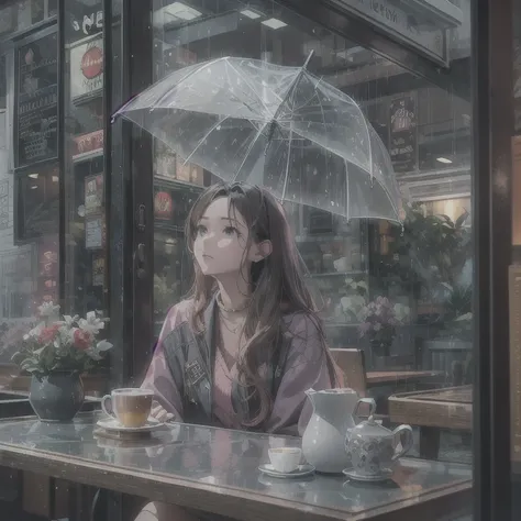 woman、Relax in a cafe、that&#39;It&#39;s raining outside the store