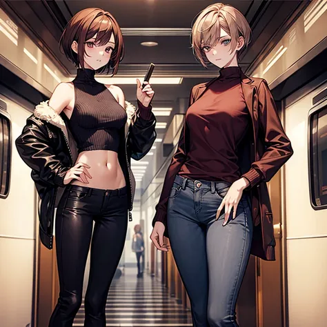 masterpiece、delicate details、adult woman、Sophisticated、On a city train、Slender beauty、body like a model、Knitwear with a high neck、leather jacket、Low rise skinny pants、tall、I like the style、small breasts、Sharp Eyes、cool beauty、older sister、pixie cut、The hai...