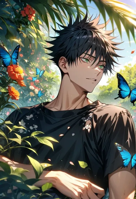 Ultra detailed, highres, absurdres, HDR, Fushiguro Megumi, black hair, green eyes, black shirt, Jujutsu Kaisen, green leaves, flowers and petals, summer, 1 man only, handsome, butterflies