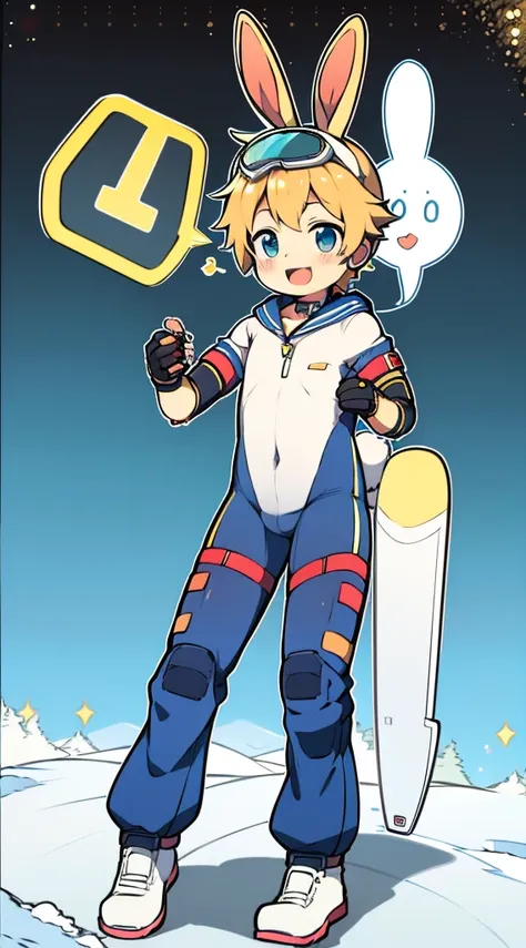 Shota，One-piece ski suit，slender figure，goggles，fingerless gloves，stood up，Rabbit ears，Sailor collar，happy