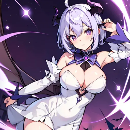 Only master piece,full 4k Hd defiition,only anime girl,succubus girl,bats wings in head accesorie,batwing in head,purple bat wings,white hair,short hair, knight white dress,sexy dress,short dress,large breast,beatiful be