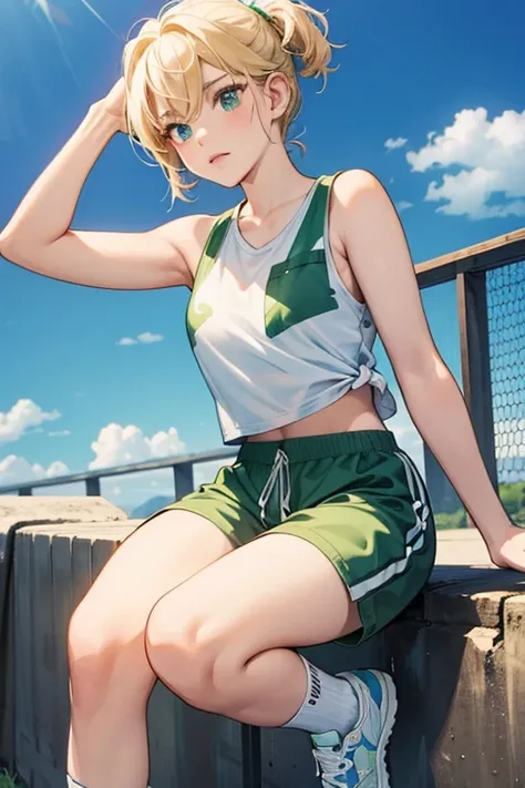 Tank has short blond hair with a curl hanging from the middle. 

Her wardrobe consists of a sleeveless, white tank top tucked into green, camouflage-pattern shorts. She wears sneakers, with pulled down gym socks. SPARKLE; GLITTER