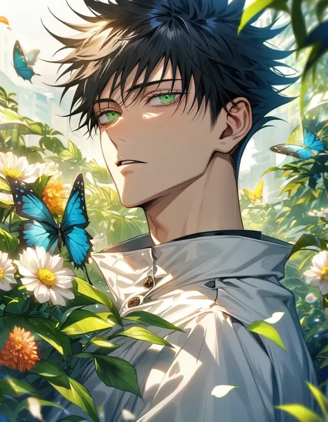 Ultra detailed, highres, absurdres, HDR, Fushiguro Megumi, black hair, green eyes, white long jacket, Jujutsu Kaisen, green leaves, flowers and petals, summer, 1 man only, handsome, butterflies