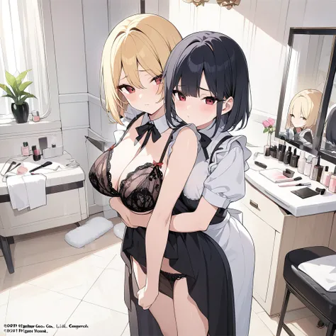 (masterpiece, highest quality, highest quality, official art, Cosmetology and aesthetics: 1.2), BREAK (girl, medium black hair, bob cut, maid,Cute, delicate and short,whole body), BREAK (A tall, seductive woman with large breasts, red eyes and long blonde ...