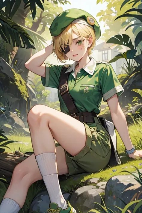 She has short, blonde hair styled into a bowl-cut. Over her missing left eye is a dark brown eye-patch.

Her Poppy Rangers outfit consists of a light moss-green short-sleeve shirt, overlaid with a yellow bandana around the collar with a single olive stripe...