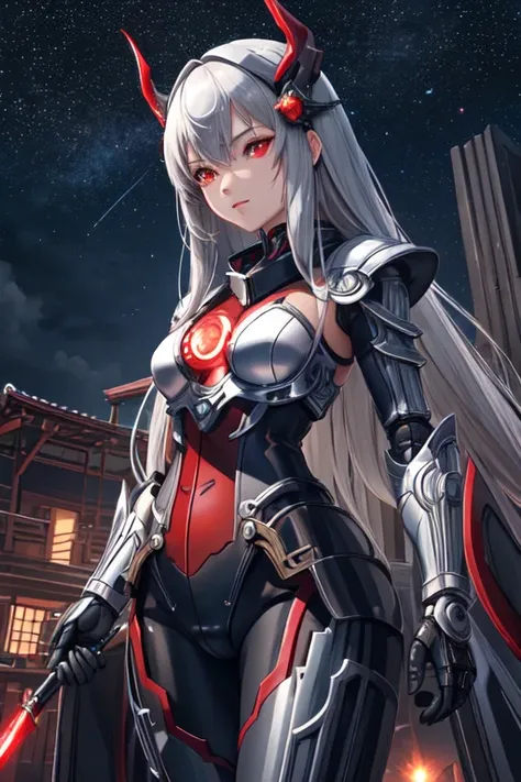 1 girl, [small breasts], (red eyes:1.2), glowing eyes, Eye marks, from below, looking at the viewer, very long hair, gray hair, hair between eyes, complex mechanical bodysuit, mech corset, kimono, ancient japanese architecture, pool, starry sky, skyline
me...