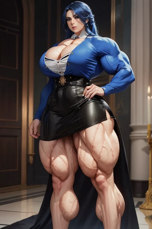 (((((Massive beautiful, buff, bulky, pale white skinned muscular woman with royal blue hair, ginormous bulky muscles and wearing a royal blue unbuttoned long sleeve blouse and a black skirt))))), close view, ((sunglasses)), vascular, massive muscle, massiv...