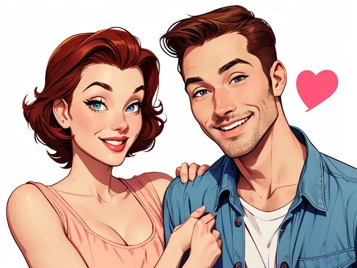 Happy man and woman couple with beautiful smile Cartoon style digital illustration white background PIN UP style 40s clothes on the couple