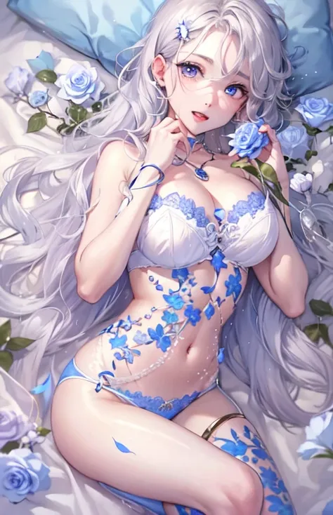 ((highest quality)), ((masterpiece)), (get used to it), perfect face , beautiful girl , Beautiful long silver hair , beautiful light blue eyes , In underwear ,  Light blue roses scattered , lie on the bed ,