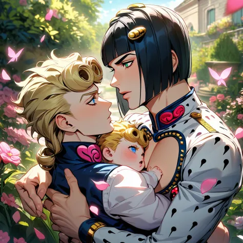 absurdres, highres, ultra detailed, HDR, masterpiece, Giorno Giovanna, blond hair, expressive green eyes, jojo bizarre adventure, Bruno Bucciarati, black hair, expressive blue eyes, 2men together, holding a baby, gay couple, handsome, garden, pink petals, ...