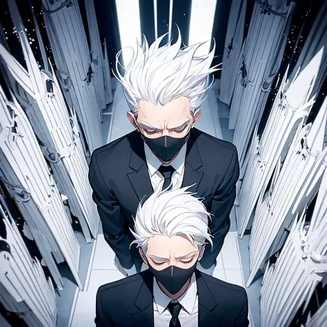 1 person, White man, white hair, sleeping mask, sarcastic smile, black suit, no tie, white t-shirt, elegant, black and white hair, hair spiked and parted upwards, elegant pose, standing, black sleeping mask covering the eyes, only 1 person