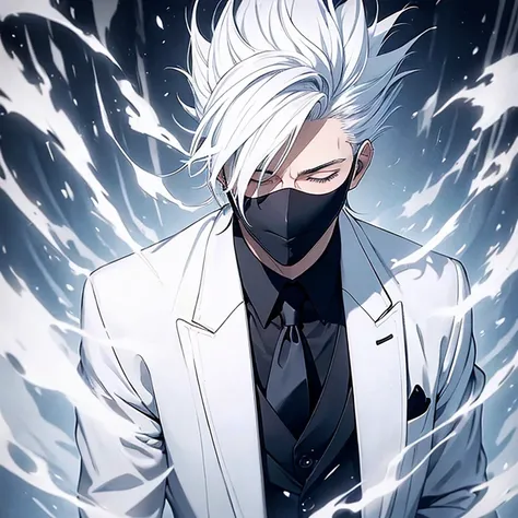 1 person, White man, white hair, sleeping mask, sarcastic smile, black suit, no tie, white t-shirt, elegant, black and white hair, hair spiked and parted upwards, elegant pose, standing, black sleeping mask covering the eyes, only 1 person