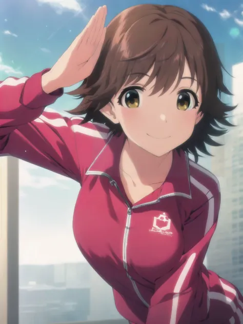 (((pixel-perfect, detail-perfect))), solo, 1girl, mio honda, , bow, track jacket, looking at viewer, smile, leaning forward, salute, saluting 