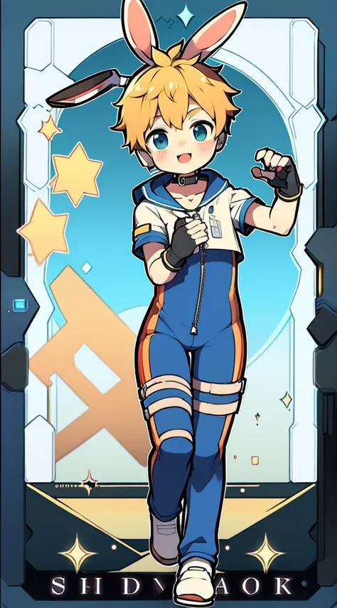 Shota，One-piece mountaineering suit，slender figure，goggles，fingerless gloves，stood up，Rabbit ears，Sailor collar，happy，zipper，short sleeves