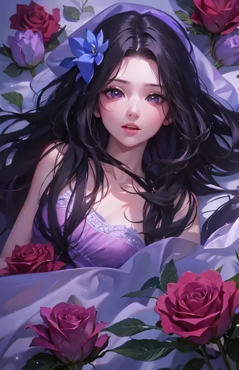 ((highest quality)), ((masterpiece)), (get used to it), perfect face , beautiful girl , beautiful long black hair , beautiful purple eyes , In underwear ,  Purple roses scattered , lie on the bed ,