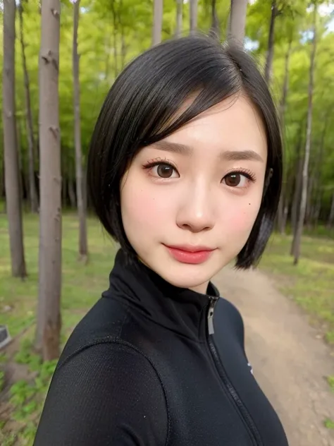 (kawaii 24 year-old Japanese girl, Nogizaka idol, Korean idol), healthy female athlete body, (glossy black hair, messy very short hair, messy pixie cut, symmetric hair length, even length hair edges:1.3), (bangs), (extra rounded face, black eyes, single ey...