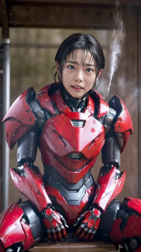 rough skin, Super detailed, advanced details, high quality, 最high quality, High resolution, 1080p 、、red armor、Wearing red and black、cute((During a break))(Wearing a damaged female robot suit...)(red armor)(broken armor)black hair、、soaking wet、transformers、...