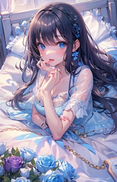 ((highest quality)), ((masterpiece)), (get used to it), perfect face , beautiful girl , beautiful long black hair , beautiful light blue eyes , In underwear ,  Light blue roses scattered , lie on the bed ,