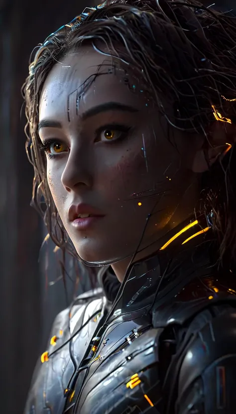 battle damage , missing arm ,bright yellow eyes, ultra-detailed,vibrant colors,sci-fi,portrait,dramatic lighting,detailed facial features,dark background,long hair,glowing eyes,futuristic clothing,expressionless face,metallic texture,bright highlights,high...