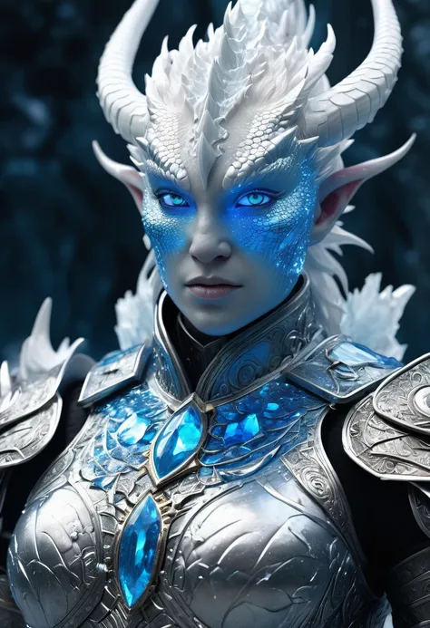 ((whole body)), (Terrible war), mythological yet wearing armor and with eyes glowing blue next to crystal on its body with RGB glow on some parts of the body at the north pole, Albino mythological yet with crystal embedded in the body, Waters near the Nort...