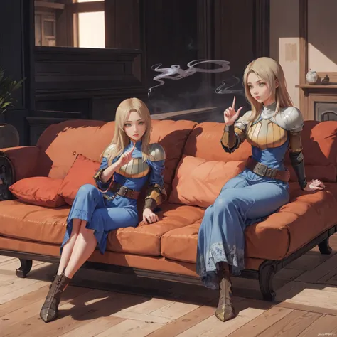 shadow clone, clone, ((smoke)), hand gesture, 5girls (Female Knight (Final Fantasy Tactics)), 1girl , indoor, sofa, pillows, buildings full body, long blonde hair, blue dress big belt knight outfit clothes Female Knight (Final Fantasy Tactics), hyuuga hina...