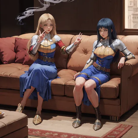 shadow clone, clone, ((smoke)), hand gesture, 5girls (Female Knight (Final Fantasy Tactics)), 1girl , indoor, sofa, pillows, buildings full body, long blonde hair, blue dress big belt knight outfit clothes Female Knight (Final Fantasy Tactics), hyuuga hina...