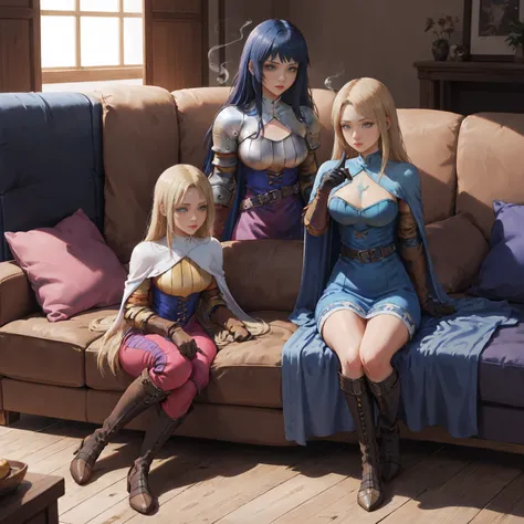 shadow clone, clone, ((smoke)), hand gesture, 5girls (Female Knight (Final Fantasy Tactics)), 1girl , indoor, sofa, pillows, buildings full body, long blonde hair, blue dress big belt knight outfit clothes Female Knight (Final Fantasy Tactics) (KnightFFT, ...