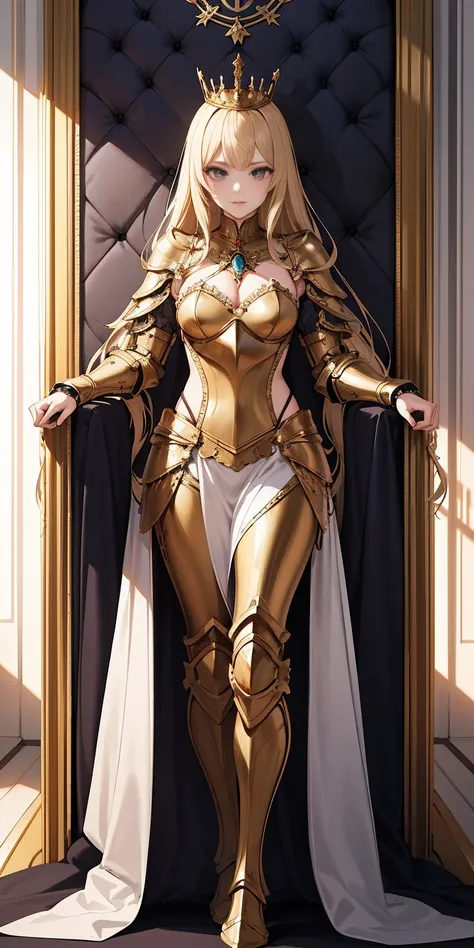 masterpiece, Best quality, ultra detailed, full length, 1 arrogant woman, queen, blonde hair, in royal women&#39;s steel plate armor with a pronounced chest and decorated with gold, standing in the throne room, fantasy world