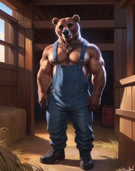 by personalami, by honovy, by thebigslick, by taran fiddler, by pixelsketcher, male, solo, anthro (bear), adult, photorealistic, hyperrealistic, ultradetailed, natural pose, (muscular:1.3), ((standing)), (detailed eyes:1.2), (large pecs:1.2), (detailed bac...