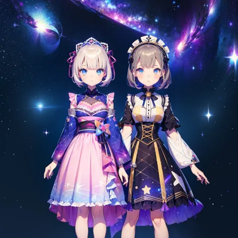 1girl、vtuber-fullbody、star fairy、「a beautifully printed galaxy patterned kimono and gothic lolita outfit.、space pattern box plea...