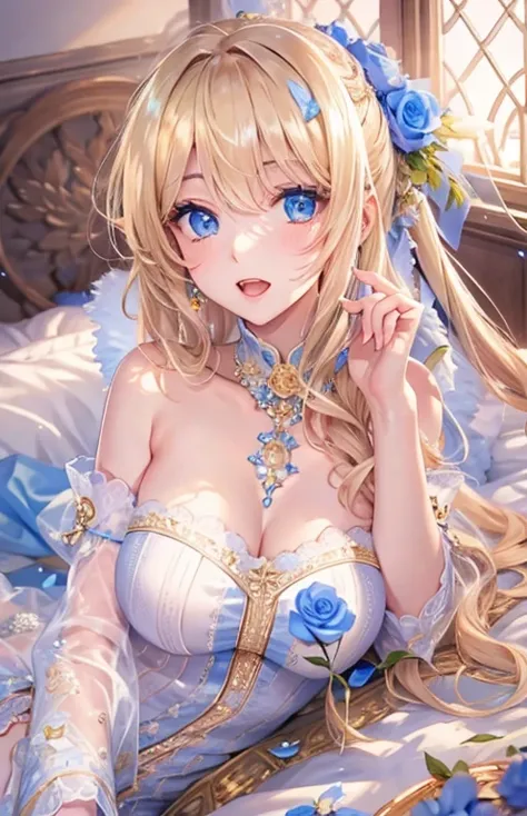 ((highest quality)), ((masterpiece)), (get used to it), perfect face , adult beautiful girl , long hair of beautiful golden color , beautiful blue eyes , In underwear ,  medium breasts , Blue roses scattered , lie on the bed ,