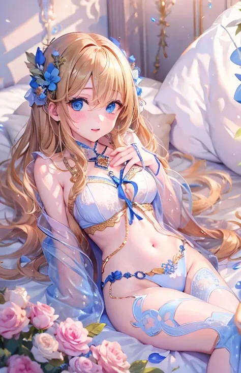 ((highest quality)), ((masterpiece)), (get used to it), perfect face , adult beautiful girl , long hair of beautiful golden color , beautiful blue eyes , In underwear ,  medium breasts , Blue roses scattered , lie on the bed ,