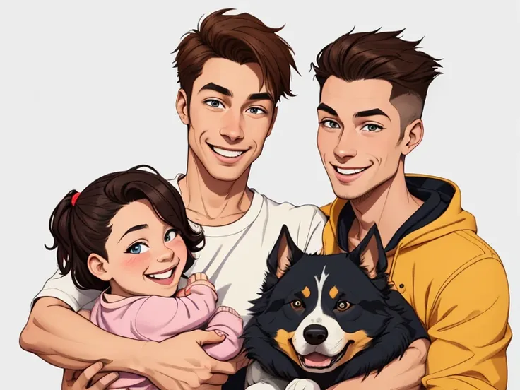 Happy man and woman couple with their baby son with beautiful smile Cartoon style digital illustration white background with their Siberian Rask dog 