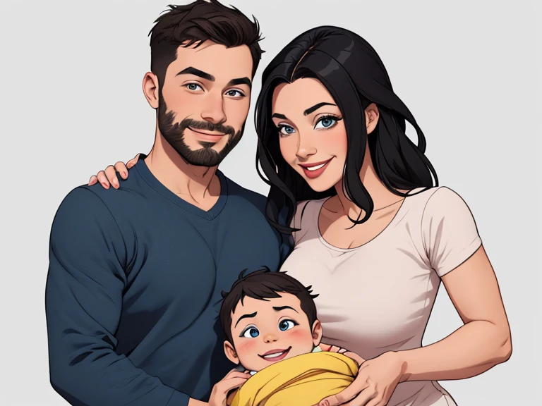 Couple of man with black hair and beard and woman with their baby son happy with beautiful smile Cartoon style digital illustration white background 