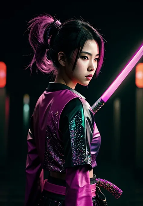 a shadow cyberpunk girl samurai , hand katana , rain , backlight neon pink green purple , glitter beautifully aesthetically , hyper realistic , high quality detailed drawing 124k