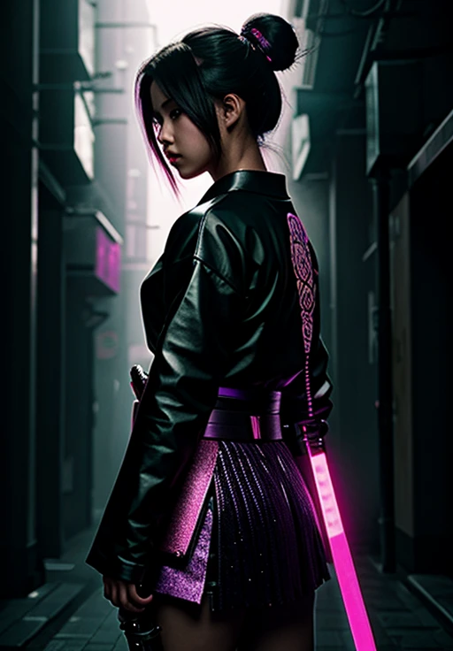 a shadow cyberpunk girl samurai , hand katana , rain , backlight neon pink green purple , glitter beautifully aesthetically , hyper realistic , high quality detailed drawing 124k