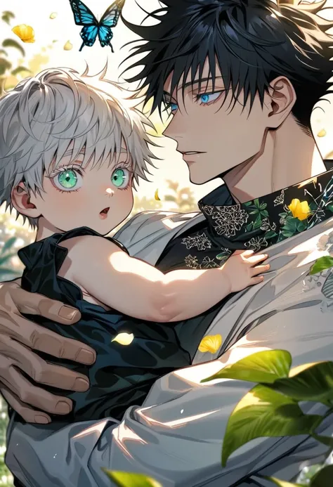 Ultra detailed, highres, absurdres, HDR, Fushiguro Megumi, black hair, green eyes, Gojou Satoru, white hair with bangs, blue eyes, white eyelashes, white long jacket with patterns, black shirt, Jujutsu Kaisen, green leaves, flowers and petals, summer, hold...