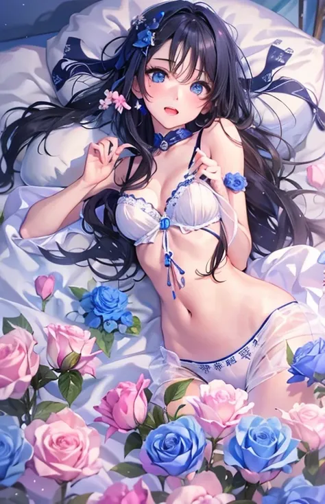 ((highest quality)), ((masterpiece)), (get used to it), perfect face , adult beautiful girl , beautiful long black hair , beautiful blue eyes , In underwear ,  medium breasts , Blue roses scattered , lie on the bed ,